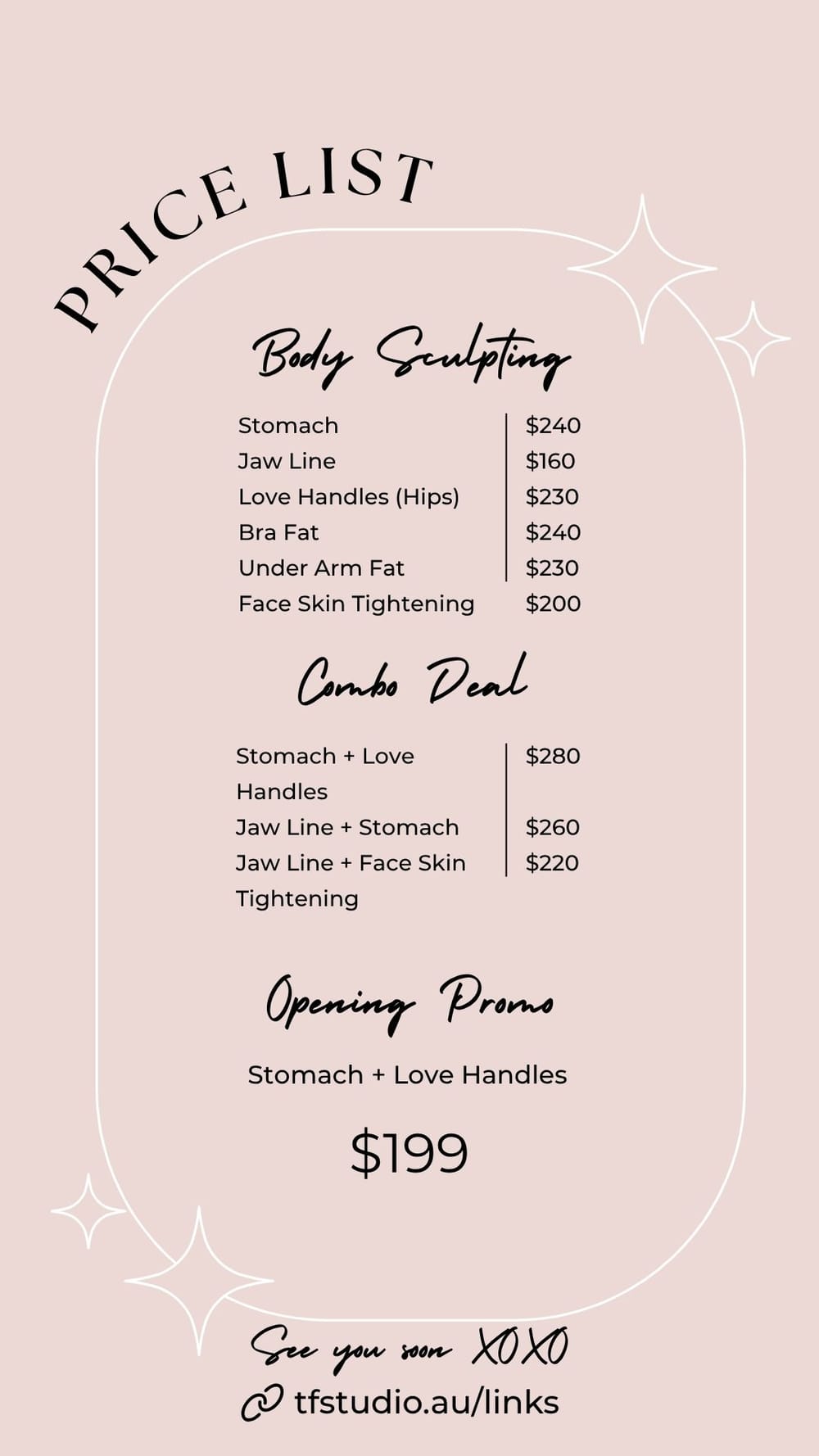 TrueForm Studio Price List